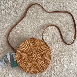 Round Woven Tan Crossbody Bag